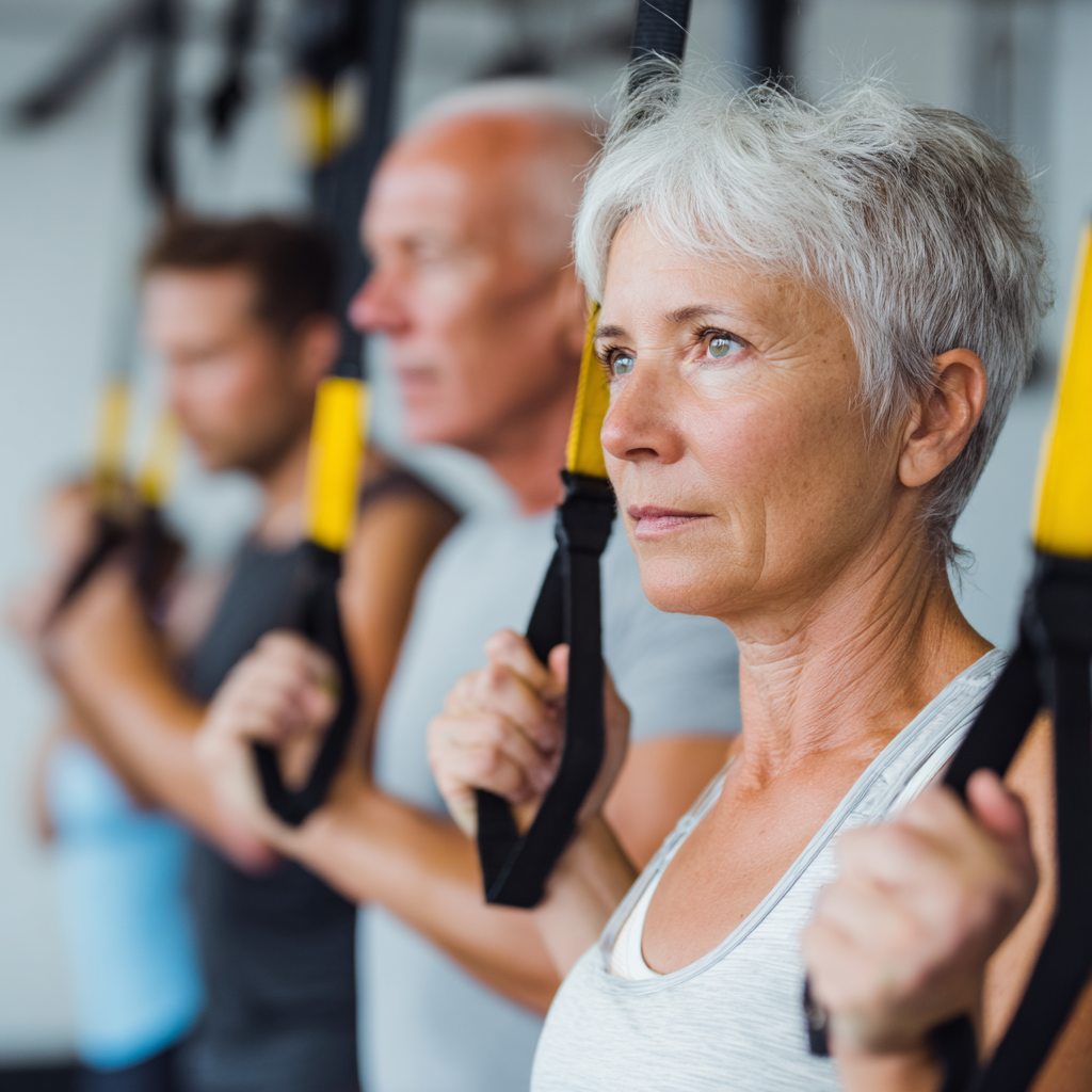 Mature white ukraninane adults engaged in group fitness class with professional equipment