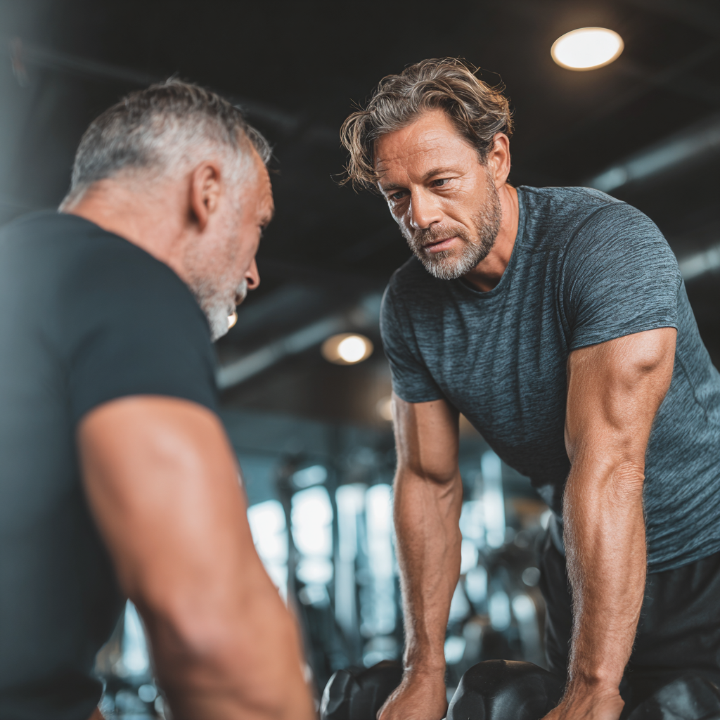Professional fitness trainer working with middle-aged client in modern gym